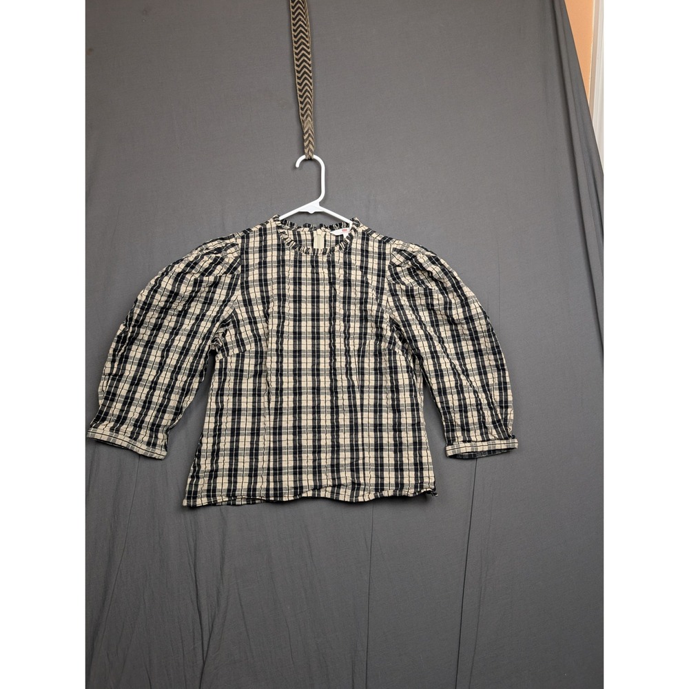 Levis Womens Puff Sleeve Plaid Blouse Black Cream Ruffle Neck Small